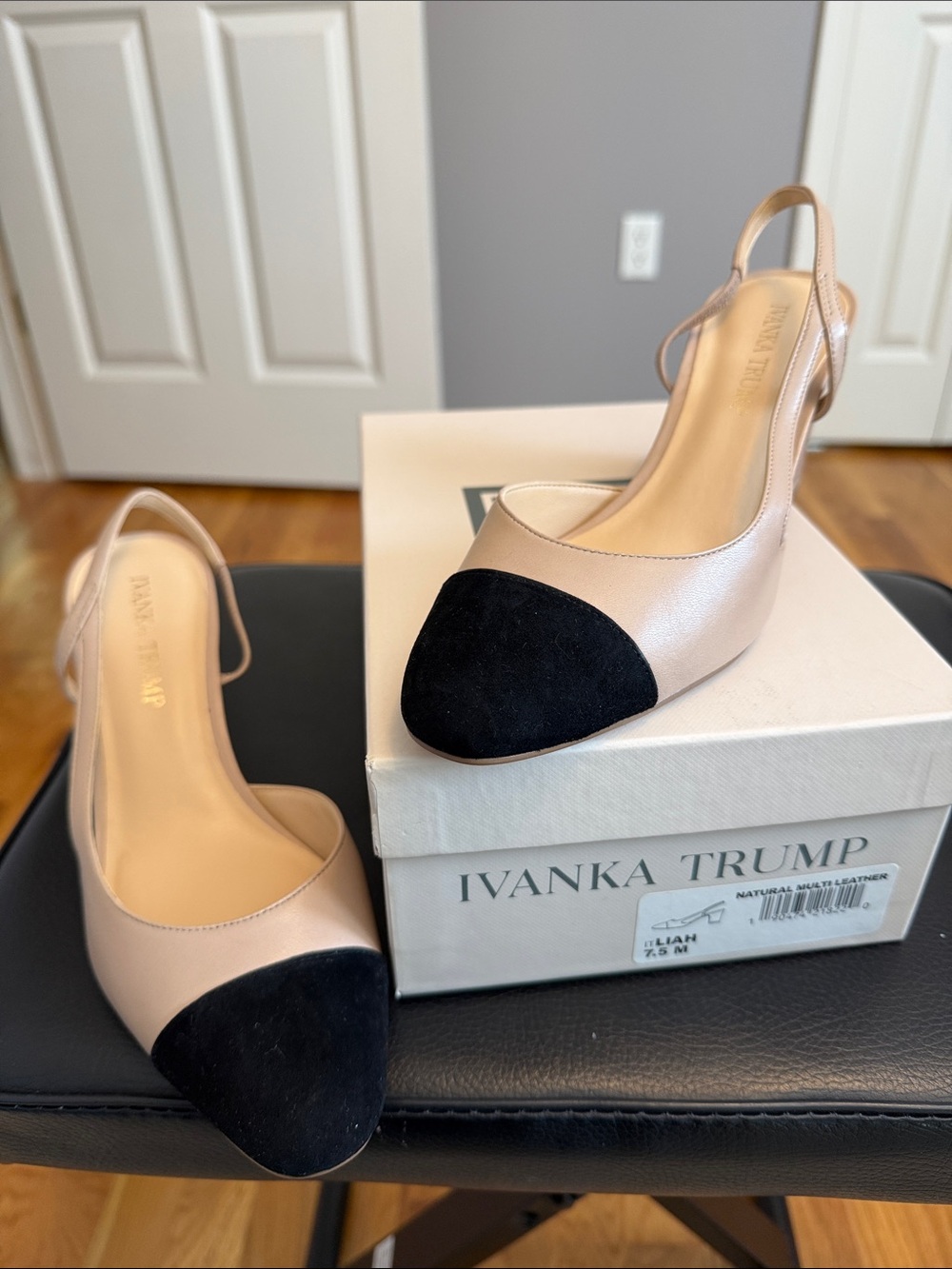 New! Ivanka Trump Women's Two-Tone Black Cap-Toe Slingback Pumps - Beige/Black